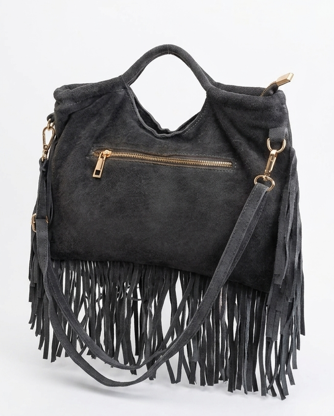 Borsa a mano e tracolla in camoscio con borchie e Frange _ made in Italy