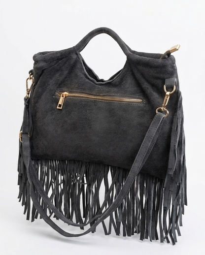Borsa a mano e tracolla in camoscio con borchie e Frange _ made in Italy