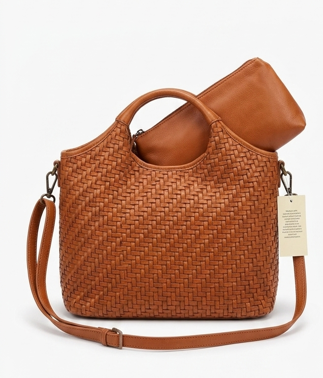 Borsa intrecciata in ecopelle con pochette interna – tonalità cuoio