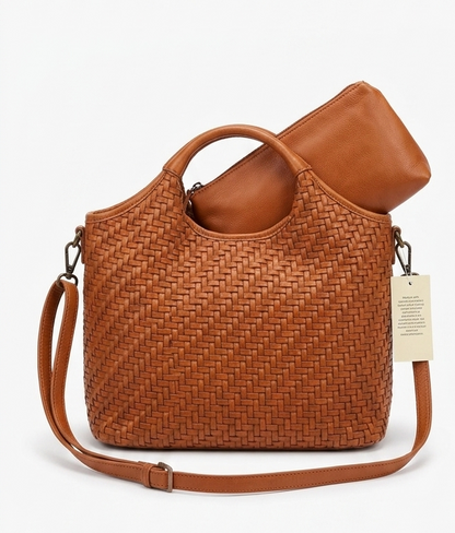 Borsa intrecciata in ecopelle con pochette interna – tonalità cuoio
