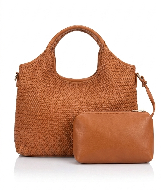 Borsa intrecciata in ecopelle con pochette interna – tonalità cuoio