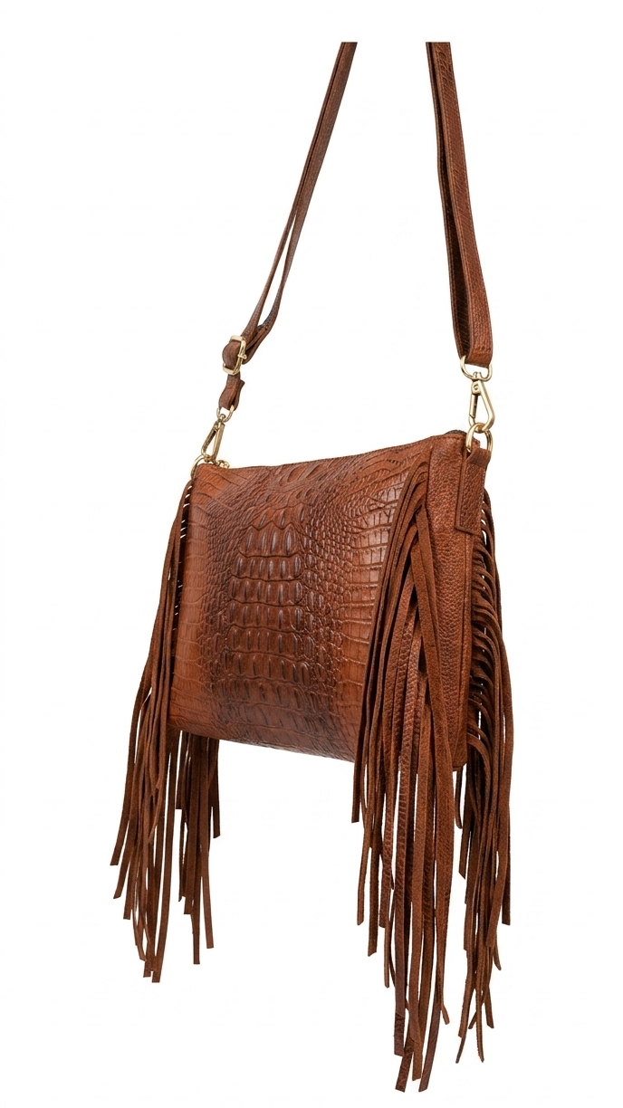 Borsa a tracolla in vera pelle stampata cocco con frange – made in Italy