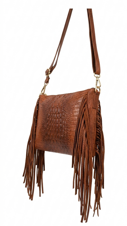 Borsa a tracolla in vera pelle stampata cocco con frange – made in Italy