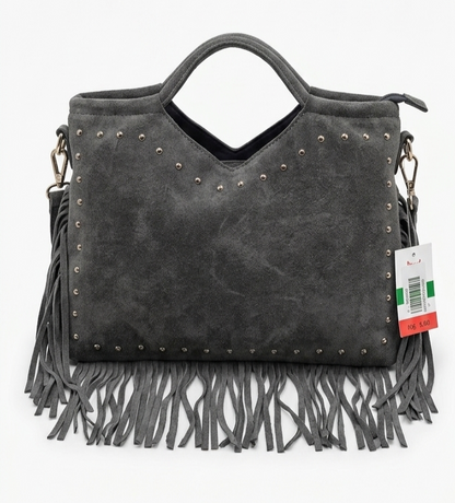 Borsa a mano e tracolla in camoscio con borchie e Frange _ made in Italy