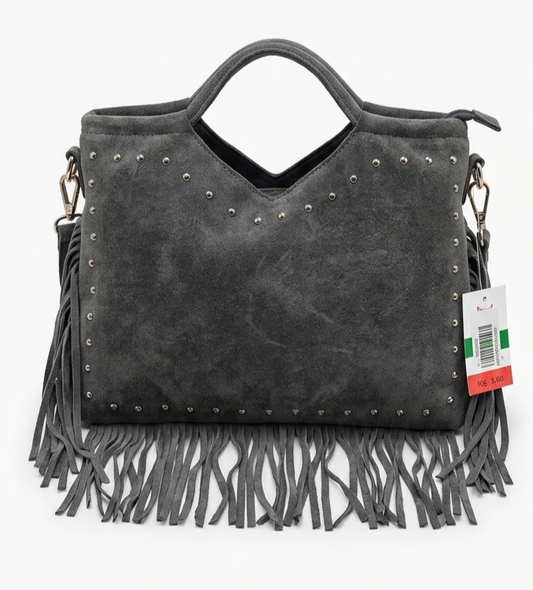 Borsa a mano e tracolla in camoscio con borchie e Frange _ made in Italy