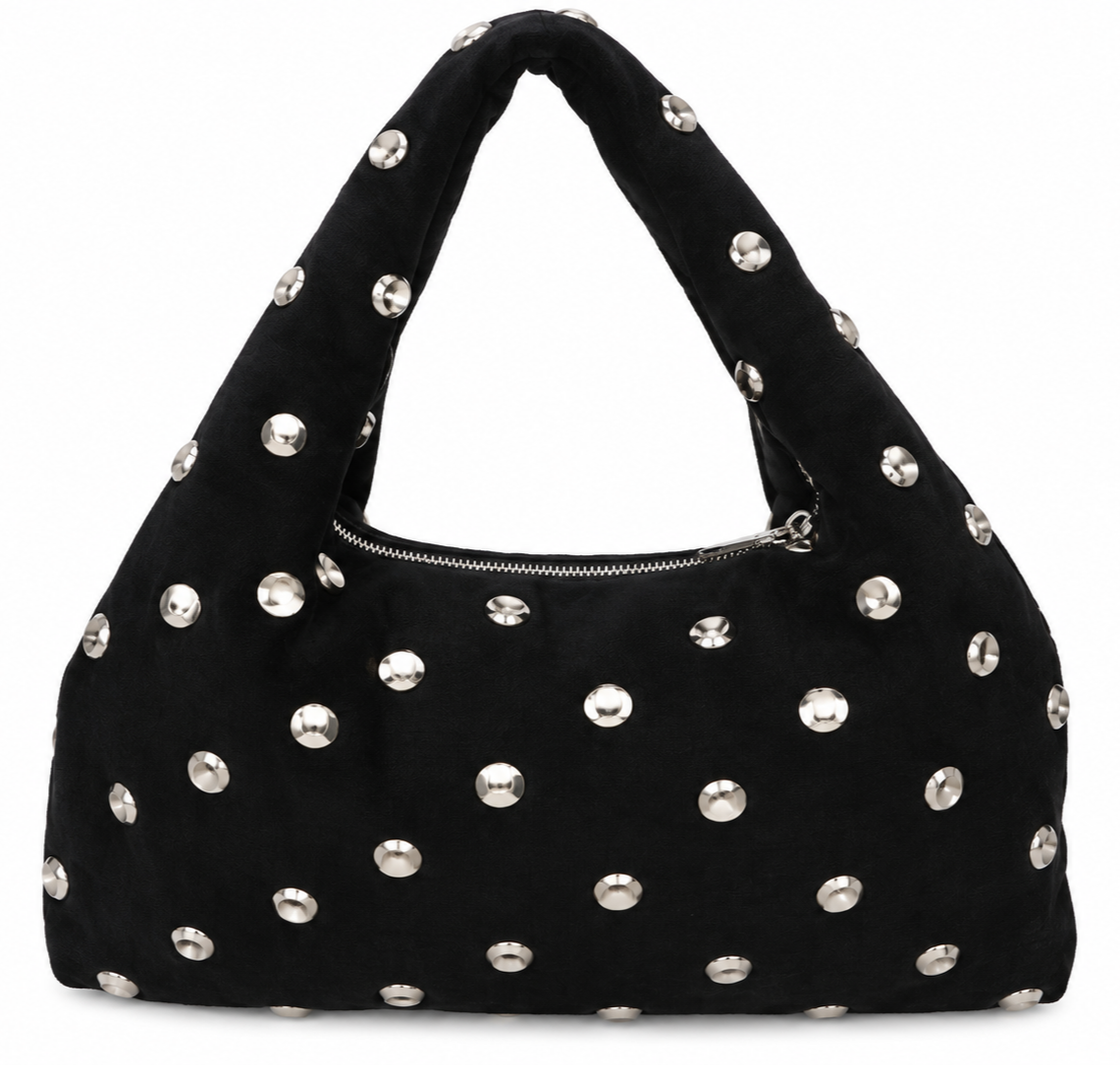 Borsa hobo nera con borchie oro in vera pelle