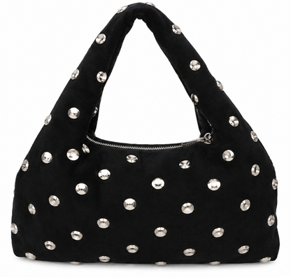 Borsa hobo nera con borchie oro in vera pelle