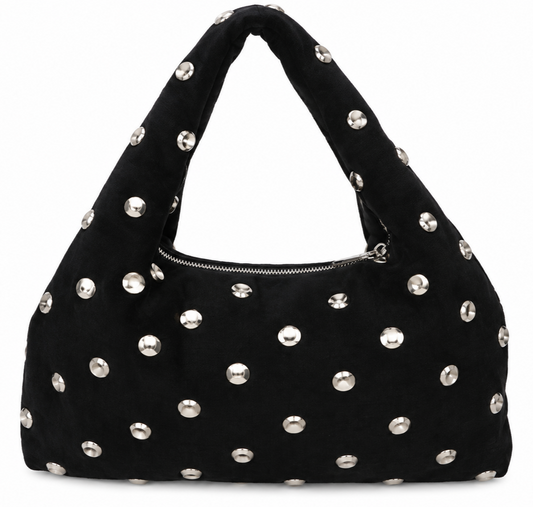 Borsa hobo nera con borchie oro in vera pelle