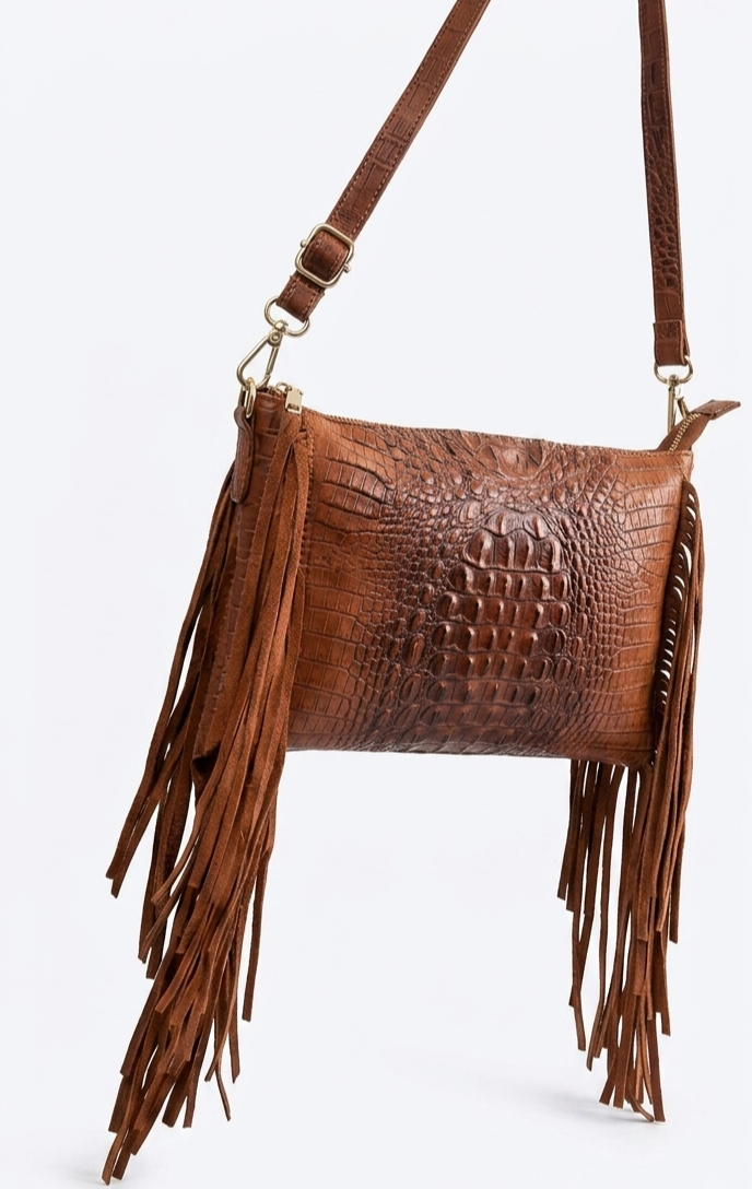 Borsa a tracolla in vera pelle stampata cocco con frange – made in Italy